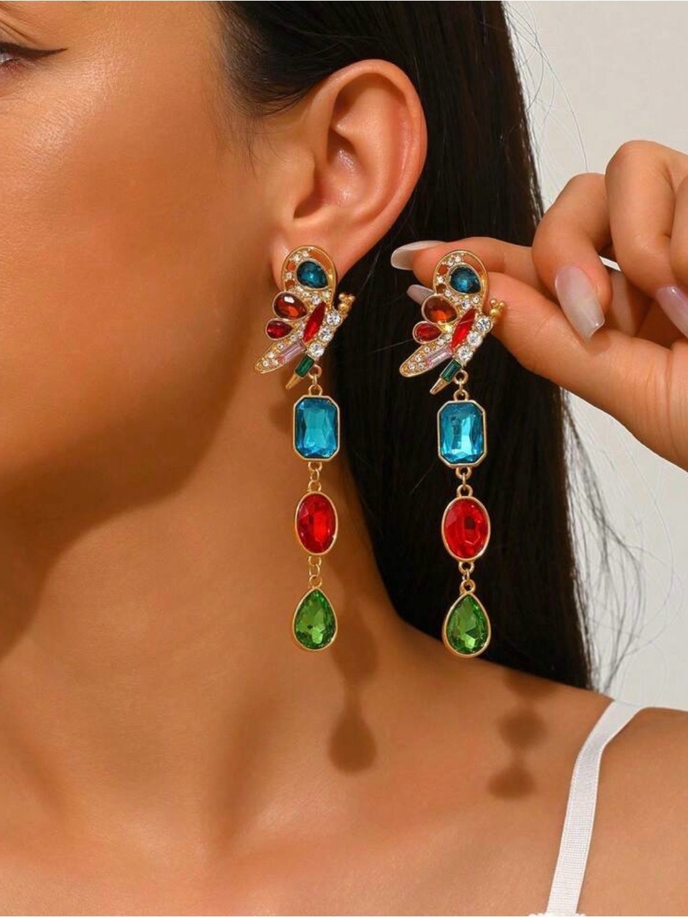 Gold-Tone Multicolor Crystal Drop Earrings - Blue, Red & Green